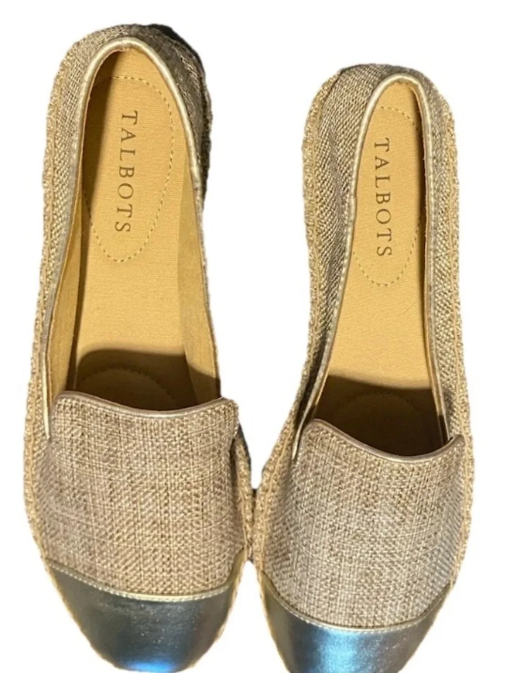 Talbots Size 8 New Izzy Tan Gold Espadrilles Linen Metallic Slip On Flat Shoes